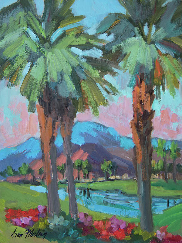 Coachella Valley Art Print featuring the painting Palms and Coral Mountain by Diane McClary