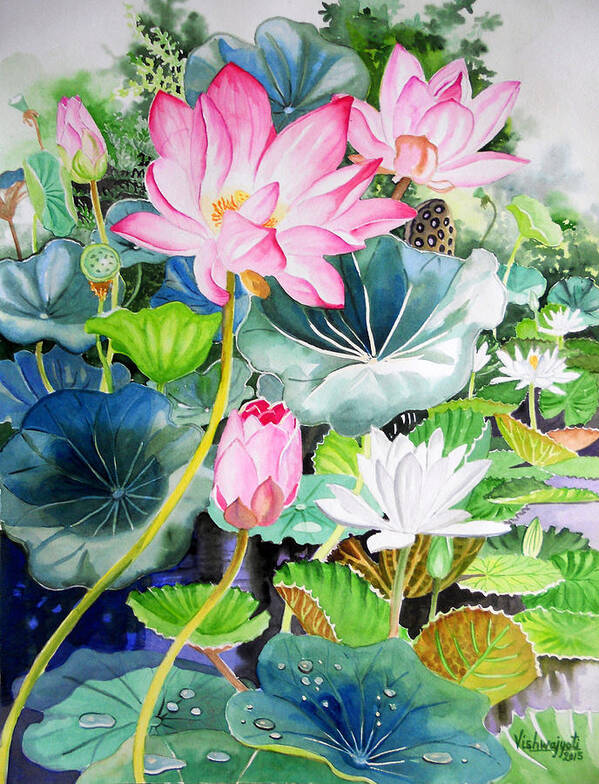Lotus Art Print featuring the painting Pink Lotus and White Water Lilies by Vishwajyoti Mohrhoff