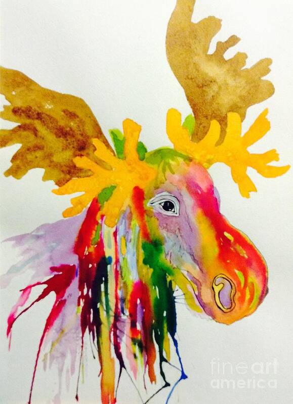 Moose Art Print featuring the painting Rainbow Moose Head - Abstract by Ellen Levinson