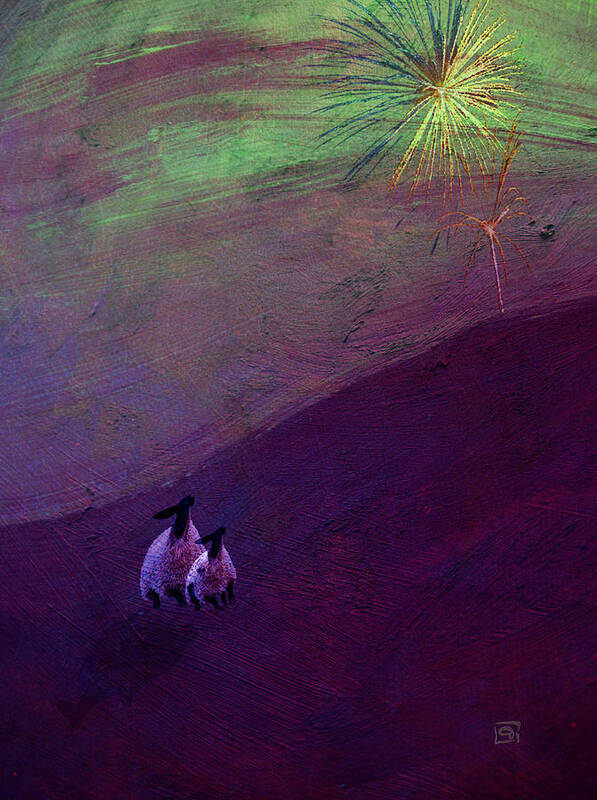 Black-faced Sheep Art Print featuring the digital art Sheep Watch the Fireworks by Jean Moore