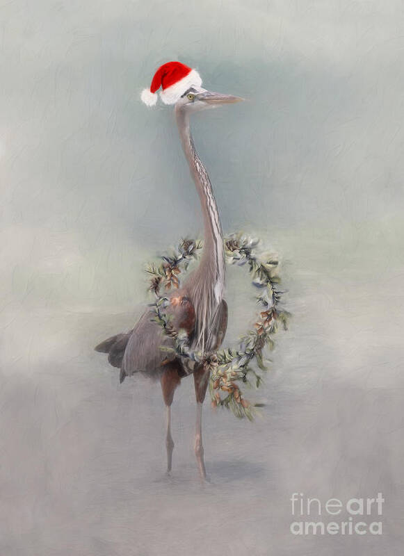 Heron With Santa Hat Art Print featuring the digital art Holiday Heron by Jayne Carney