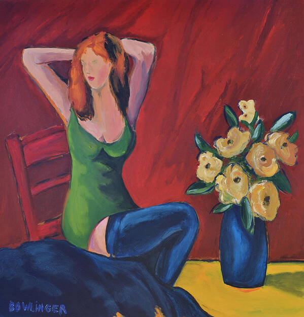 Figure Art Print featuring the painting Lady in green with blue stockings #1 by Scott Bowlinger