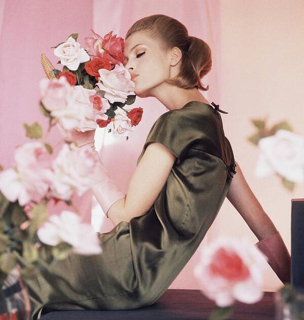 Studio Shot Art Print featuring the photograph Model Wearing Green Dress By Pauline Trigere #2 by Horst P. Horst