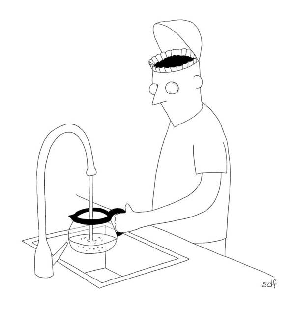 Coffee Art Print featuring the drawing A Man Filling Up His Coffee Pot by Seth Fleishman