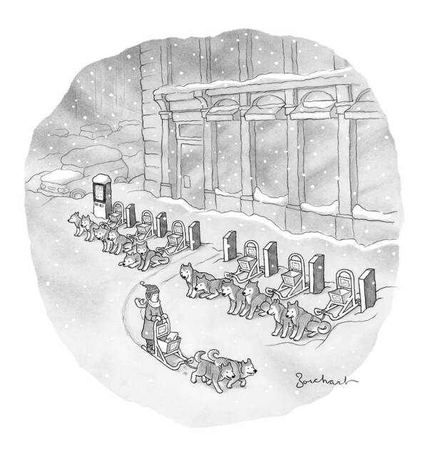 Citi Bike Art Print featuring the drawing A Woman Rents A Dog Sled Out Of A Row Of Kiosks by David Borchart