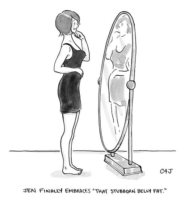 Mirror Art Print featuring the drawing A Young Woman Stands Facing A Full-length Mirror by Carolita Johnson