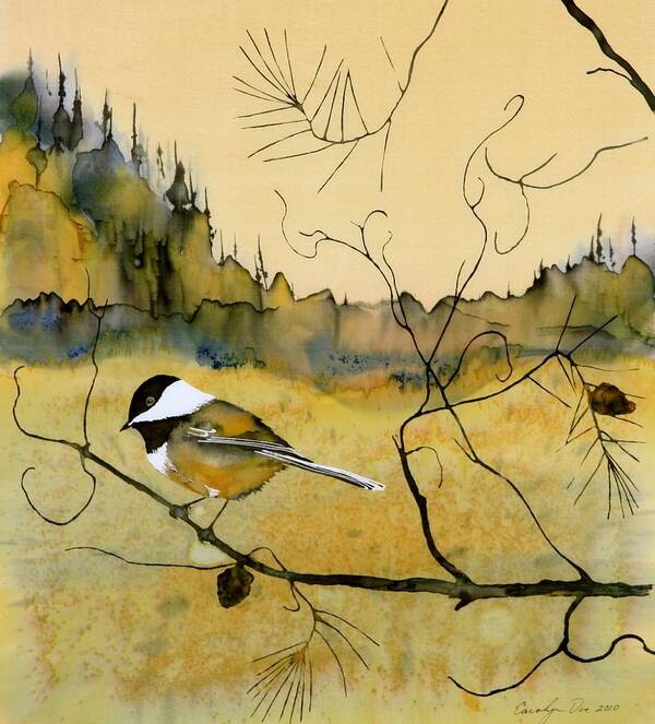 Chickadee Art Print featuring the tapestry - textile Chickadee In Dancing Pine by Carolyn Doe