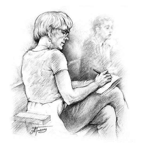 Christie Blatchford Art Print featuring the drawing Christie Blatchford in Court by Alex Tavshunsky