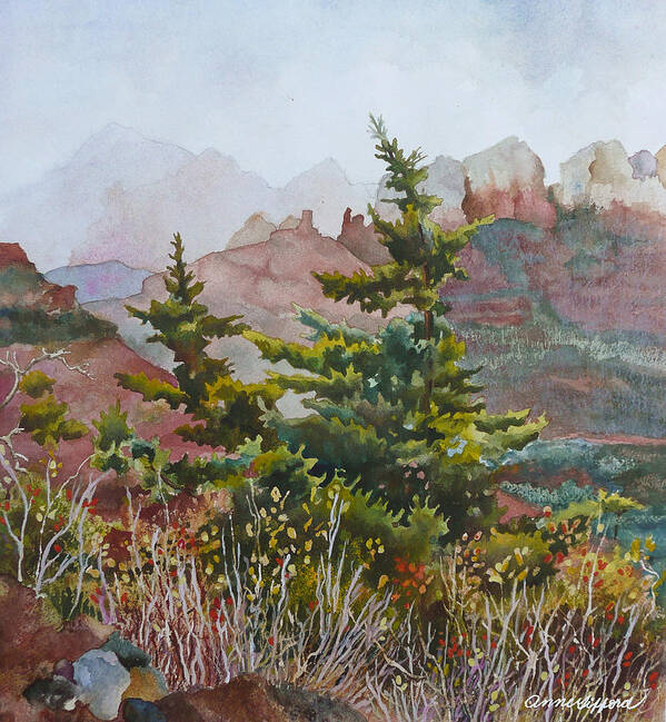 Pine Tree Painting Art Print featuring the painting Cliffs Near Sedona by Anne Gifford