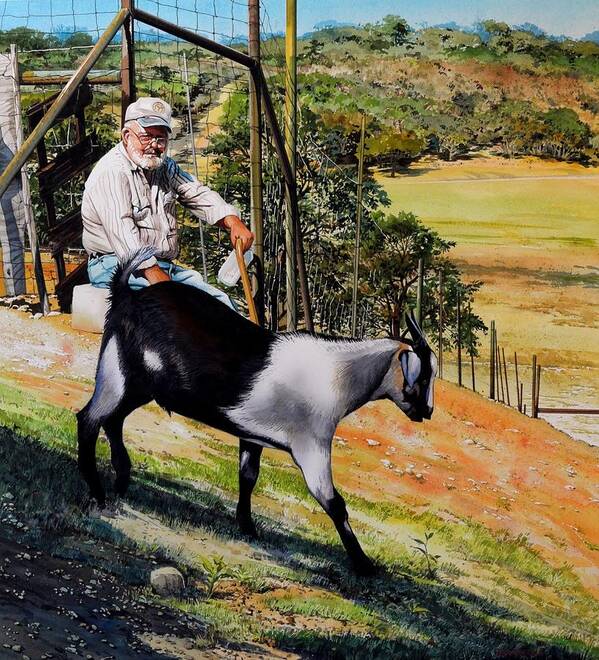 Animals. Landscape Art Print featuring the painting Goat Man by Robert W Cook 