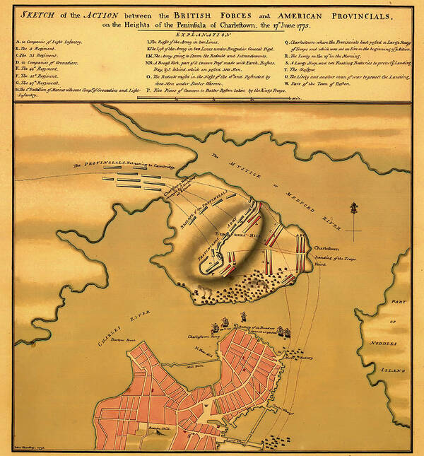 Map Art Print featuring the drawing Historic Bunker Hill Battleground Map 1775 by Mountain Dreams