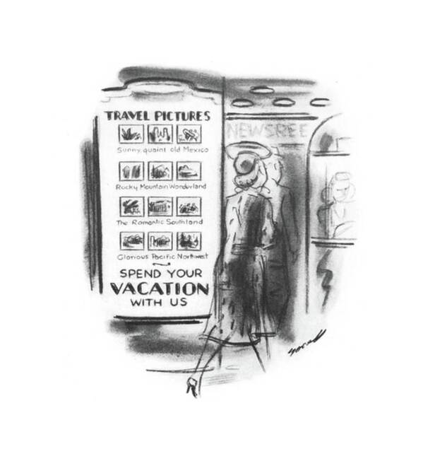 112092 Ldv Leonard Dove Movie Showing Travel Pictures Reads Cinema Entertainment ?lm Holiday Hollywood Journey Motion Movie Movies Picture Pictures Reads Showing Spend Theater Travel Trip Us Vacation Art Print featuring the drawing New Yorker August 8th, 1942 by Leonard Dove