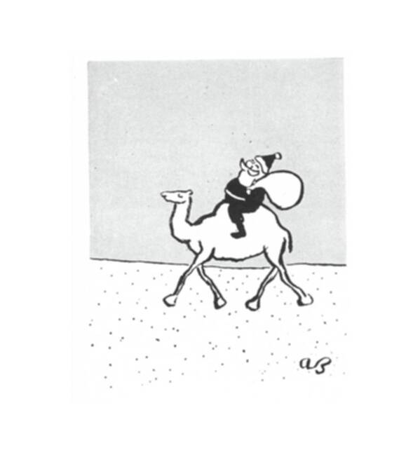 112359 Abi Abe Birnbaum Santa Claus Rides With His Sack Of Gifts Through Desert On A Camel. 
 All Arab Arabic Camel Christmas Claus Deliver Desert Gift Gifts Holidays Over Present Presents Reindeer Replacement Rides Sack Sand Santa Season Sleigh Through Transport Transportation Vehicle World Art Print featuring the drawing New Yorker December 19th, 1942 by Abe Birnbaum