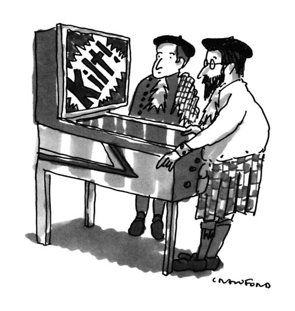 (kilt-wearing Scotsmen Are Playing A Pinball Machine Art Print featuring the drawing New Yorker January 28th, 1991 by Michael Crawford