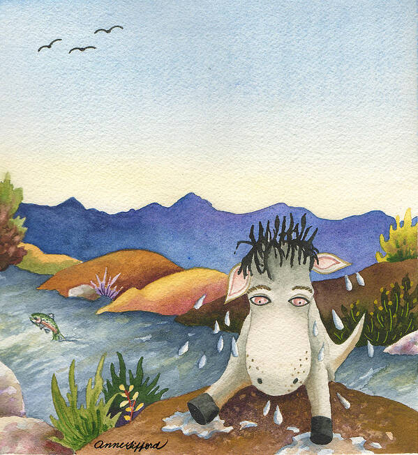 Spike The Dhog Painting Art Print featuring the painting Spike Isn't Much of a Swimmer by Anne Gifford