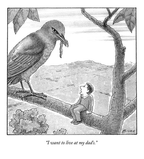 Giant-sized Art Print featuring the drawing Tiny Man Looks Up At Bird As He Sits On A Branch by Harry Bliss