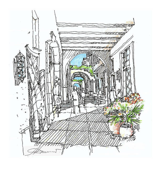 Street Scene Storefront Pedestrian Alley Art Print featuring the drawing Alley Storefronts by Andrew Drozdowicz