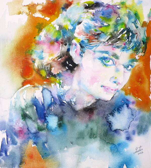 Audrey Hepburn Art Print featuring the painting AUDREY HEPBURN watercolor portrait.11 by Fabrizio Cassetta