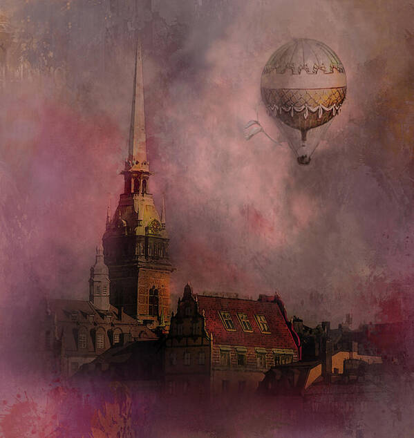 Sweden Art Print featuring the digital art Stockholm church with flying balloon by Jeff Burgess