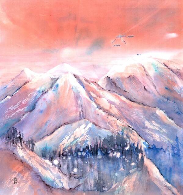 Swiss Mountains Watercolor Art Print featuring the painting Switzerland Flying over the Alps by Sabina Von Arx