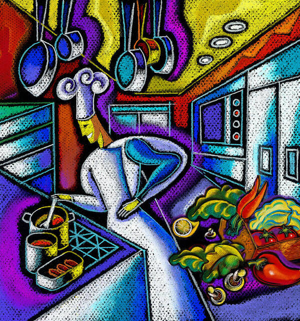  Business Career Career Choice Career Path Caucasian Chef Color Color Image Commercial Concept Container Cook Cookery Cooking Creative Creativity Drawing Enjoying Food Food And Drink Fresh Freshness Health Illustration Illustration Painting Indoors Inside Job Job Skills Kitchen Male Man Mixing Nutrition Occupation One One Person Only Men People Person Pleasure Pot Prepare Preparing Readying Restaurant Room Smile Smiling Standing Stir Stirring Stove Three Quarter Length Toiling Vertical Working Art Print featuring the painting Food And Restaurant by Leon Zernitsky