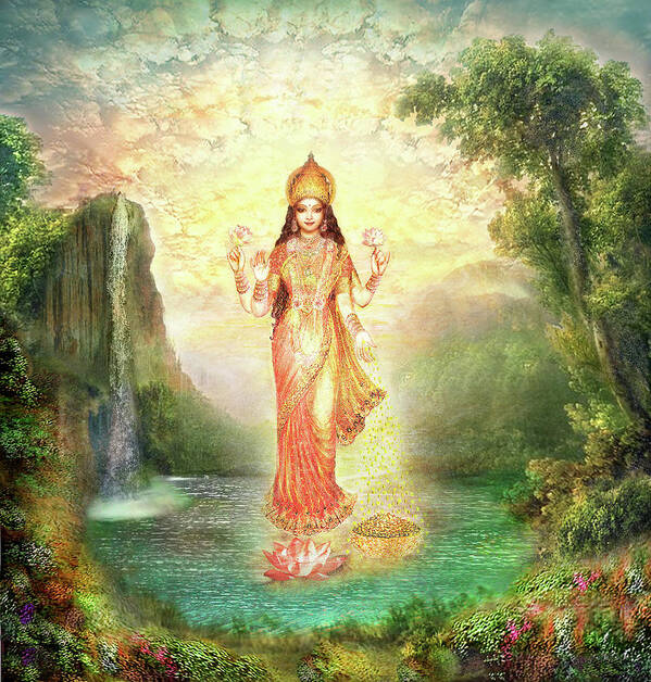 Devi Art Print featuring the mixed media Lakshmi with the Waterfall 2 by Ananda Vdovic