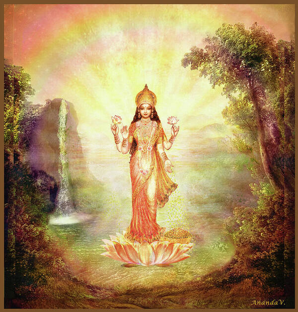 Devi Art Print featuring the mixed media Lakshmi with the Waterfall by Ananda Vdovic