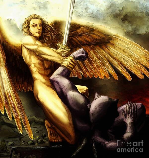 San Art Print featuring the painting Michael Vs Devil by Archangelus Gallery