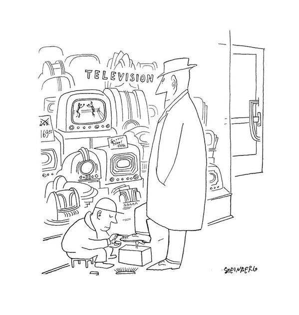 95188 Sst Saul Steinberg (man Getting A Shoeshine Watches Television Show From Set In Store Window.) Accessibility Broadcast Entertainment Getting Man Media Pervasive Pervasiveness Prime-time Program Programming Sales Set Shoeshine Show Showing Shows Store Stores Technology Television Tv Watches Window Art Print featuring the drawing New Yorker April 29th, 1950 by Saul Steinberg