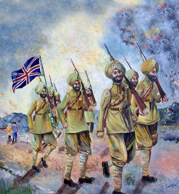 #sikhs Art Print featuring the painting Sikh soldiers in France WW1 by Sarabjit Singh