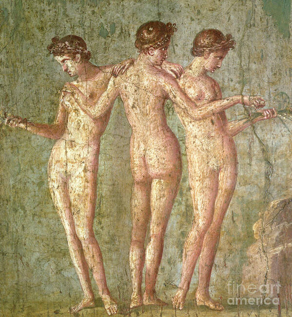 Roman Art Print featuring the painting Three Graces, from Pompeii, fresco, Roman, 1st century AD by Roman School