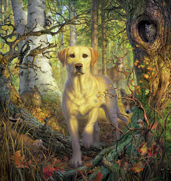Labrador Art Print featuring the digital art Yellow Lab in Fall by Mark Fredrickson