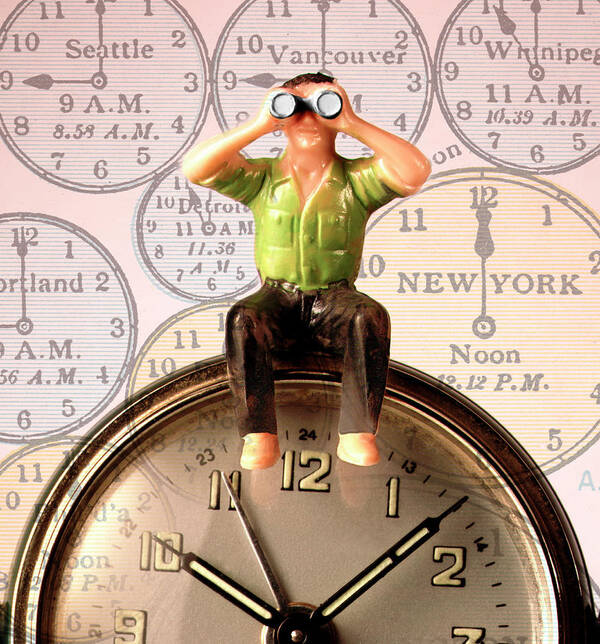 Adult Art Print featuring the drawing Man With Binoculars Sitting on Clock #1 by CSA Images