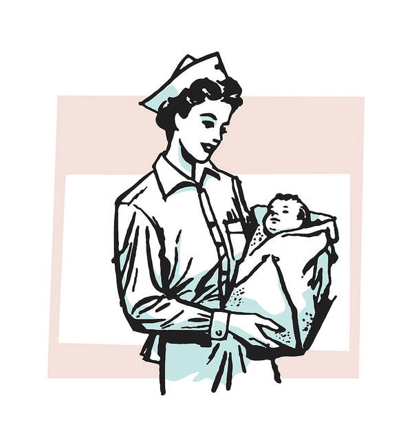 Adult Art Print featuring the drawing Nurse Holding Baby #3 by CSA Images