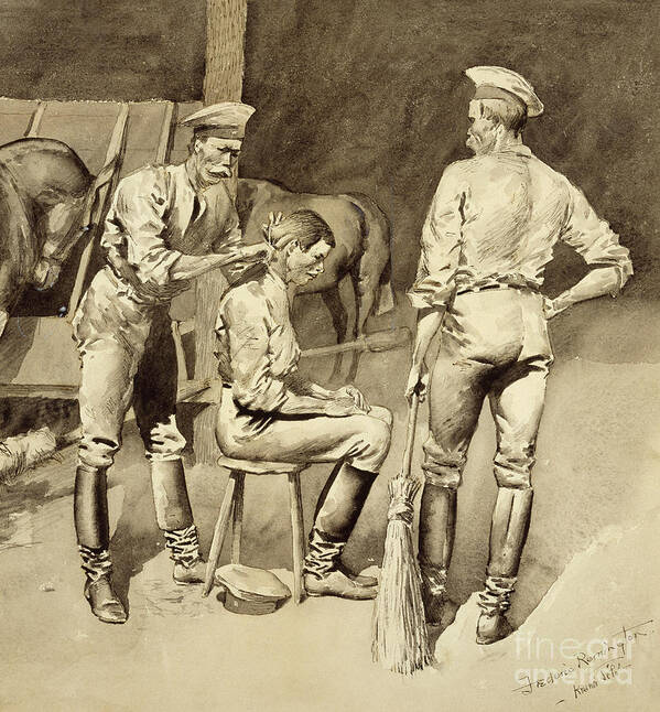 Barber Art Print featuring the painting A Haircut in a Cavalry Stable by Frederic Remington