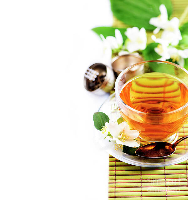 Tea Art Print featuring the photograph Herbal green tea with jasmine flower in transparent teacup borde by Jelena Jovanovic