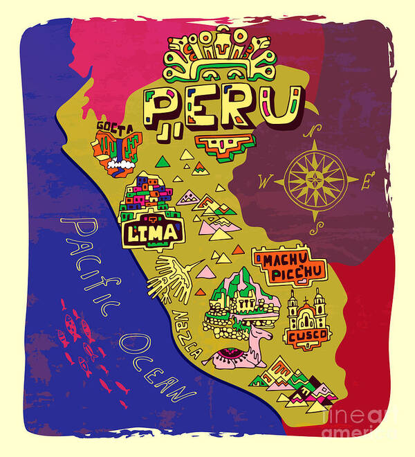 Country Art Print featuring the digital art Illustrated Map Of Peru Travel by Daria i