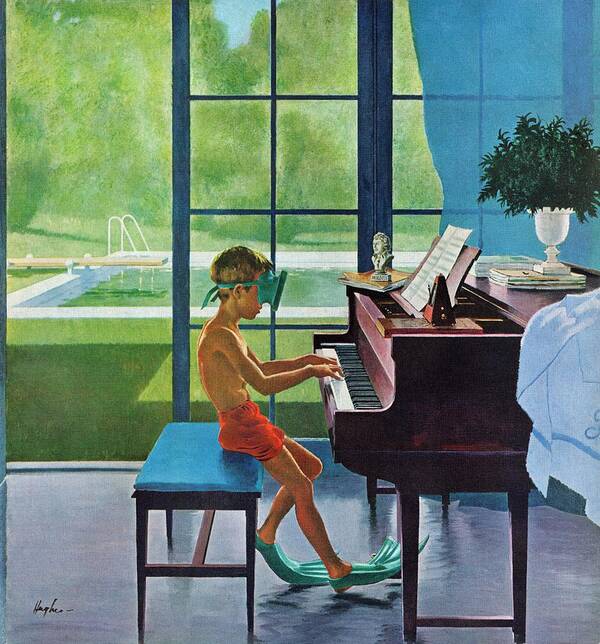 Boy Art Print featuring the drawing Poolside Piano Practice by George Hughes