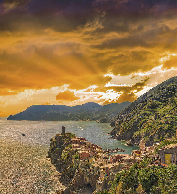 Cinque Art Print featuring the photograph sunset on Vernazza by Vivida Photo PC