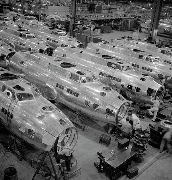 B 17 Bomber Art Print featuring the photograph B-17 Production Line In Factory - WW2 - Circa 1943 by War Is Hell Store