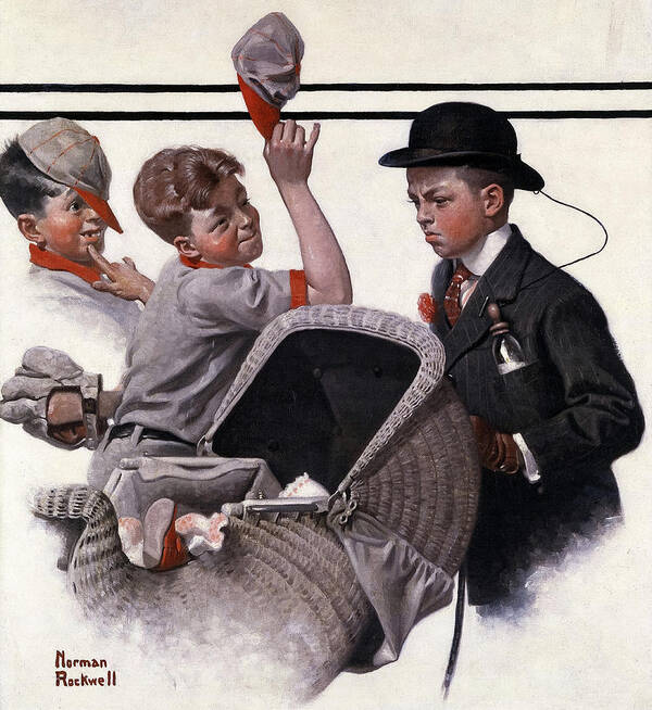Norman Rockwell Art Print featuring the painting Boy with Baby Carriage, 1916 by Norman Rockwell