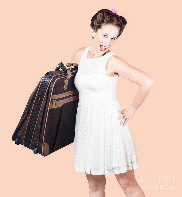 Vacation Art Print featuring the photograph Excited retro backpacking girl holding baggage by Jorgo Photography