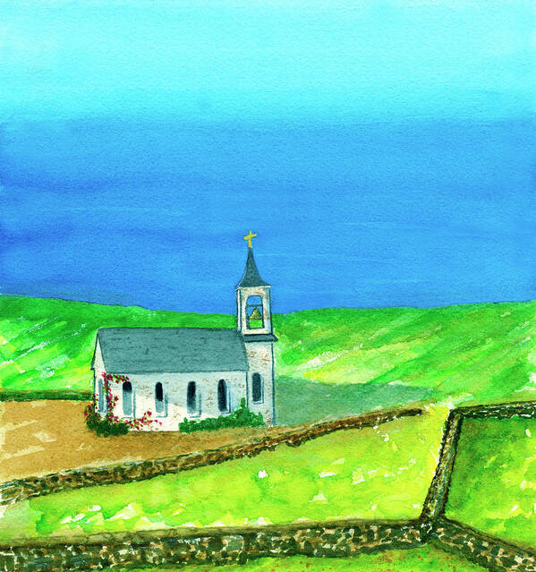 Seascape Art Print featuring the painting Little White Church By The Sea by Deborah League