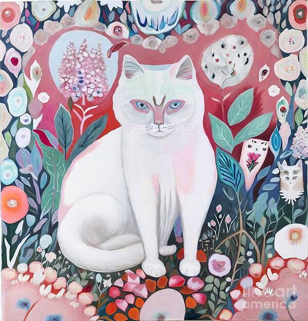 Cat Art Print featuring the painting Painting Wild White Cat cat illustration cute wat by N Akkash