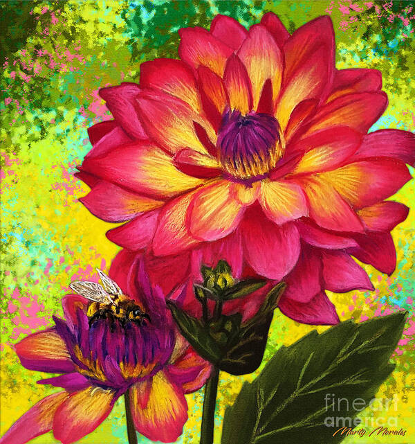 Blue Art Print featuring the painting Pink Dahlia Flowers by Marty's Royal Art