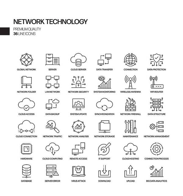 Internet Art Print featuring the drawing Simple Set of Network Technology Related Vector Line Icons. Outline Symbol Collection. by Designer