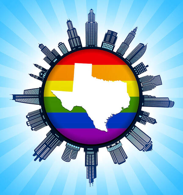 Orange Color Art Print featuring the drawing texas State Map on Gay Pride City Skyline Background by Bubaone