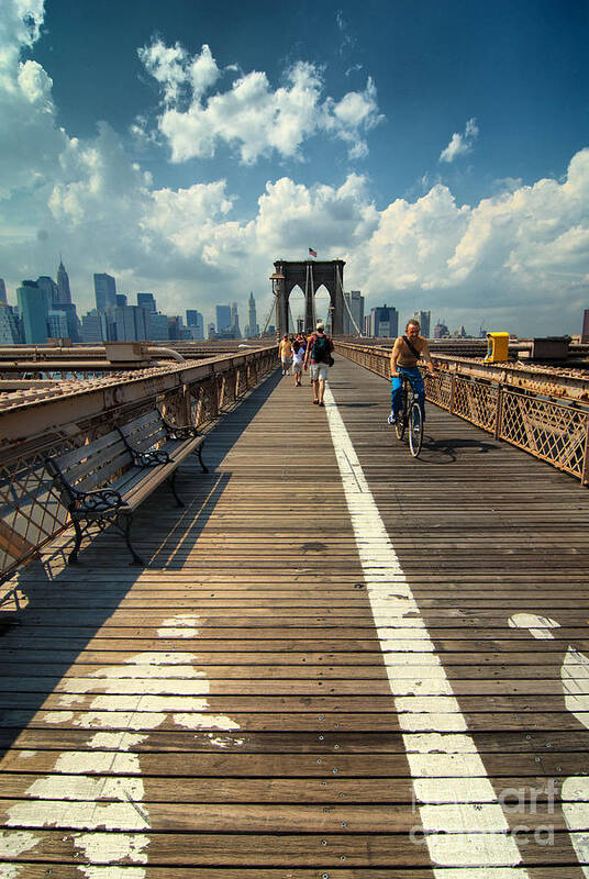 Bench Art Print featuring the photograph Lanes for pedestrian and bicycle traffic on the Brooklyn Bridge #3 by Amy Cicconi