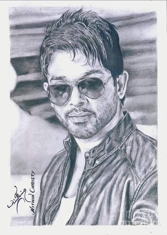 Allu Arjun - Hyper realistic pencil drawing by Kumar Arts Allu Arjun - 5  Million Special © Kumar Burra Pencil on Paper 12x18