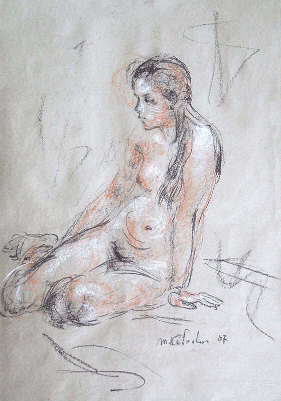 Nude Art Print featuring the drawing Sitting Nude by Murat Kaboulov